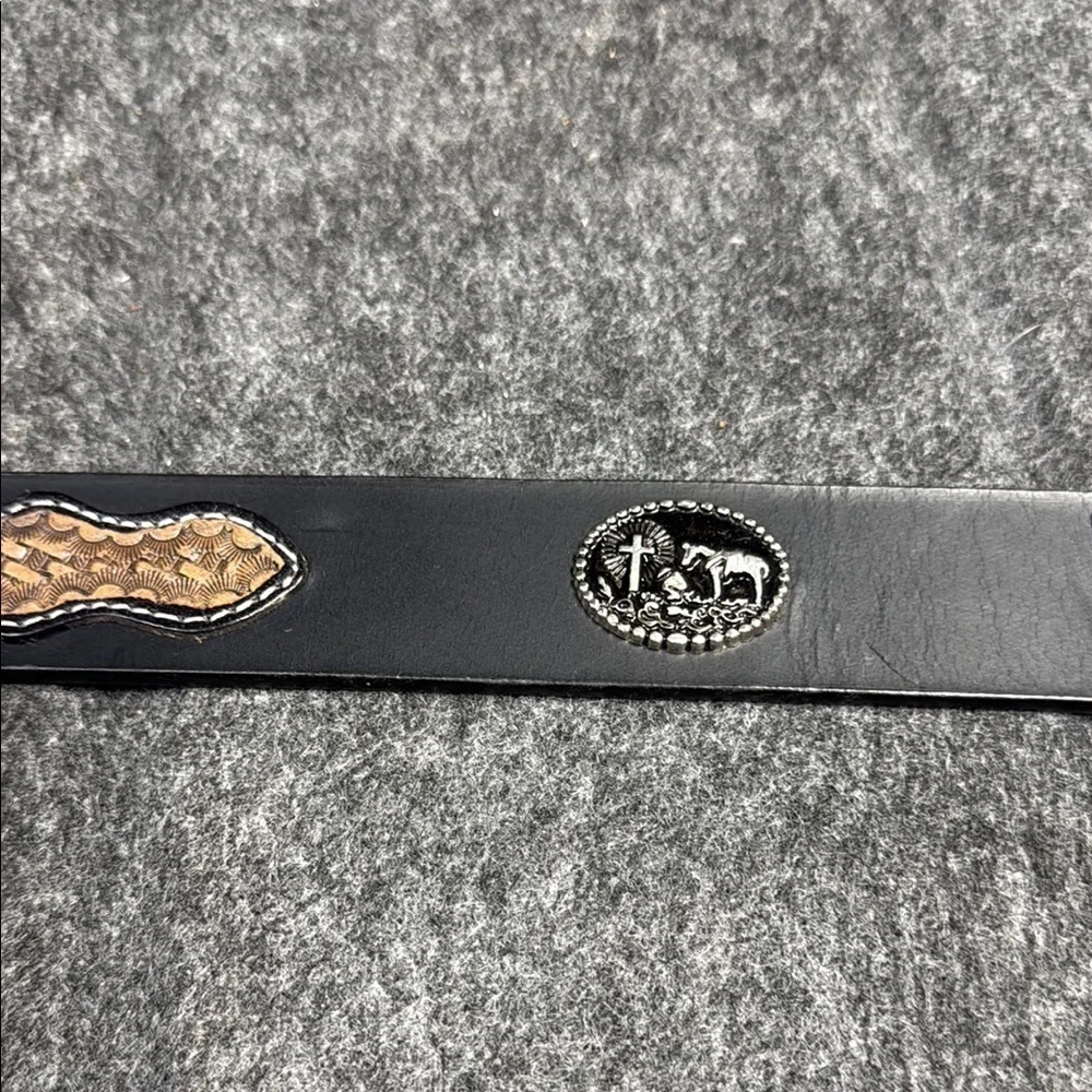 Black and Tan Woven Leather Belt with Silver Buckle